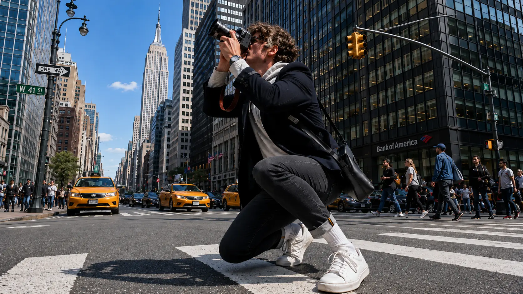 Photographer kneeling in a Manhattan crosswalk at rush hour