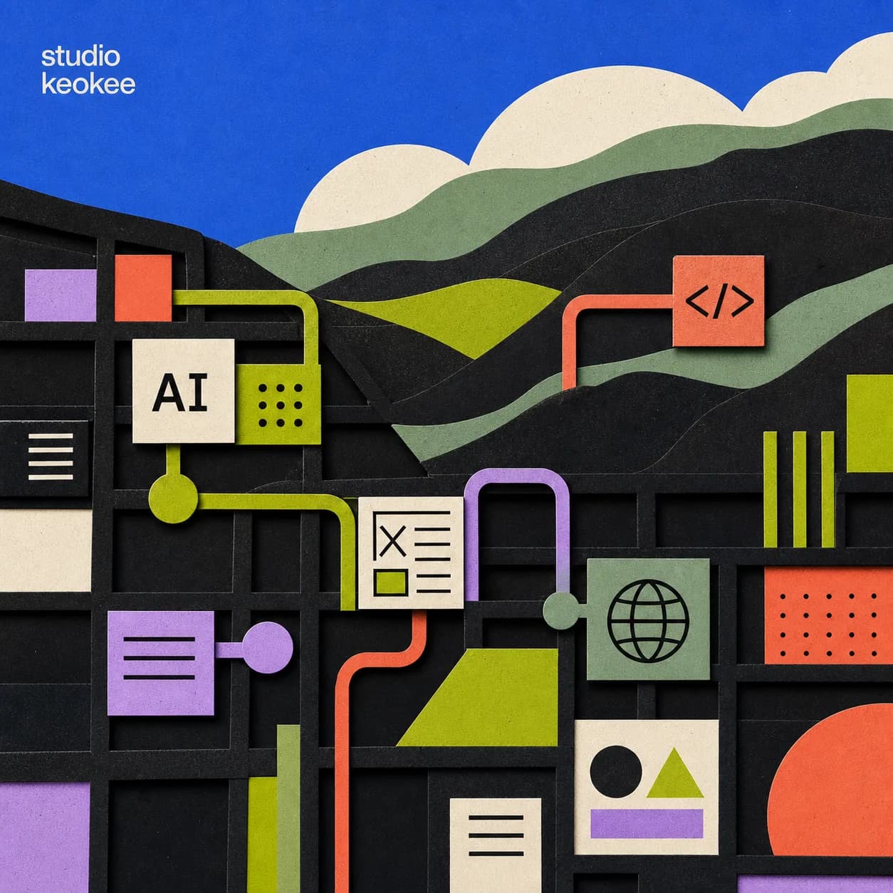 Cut-paper collage of AI, code and globe tiles laid over Appalachian ridges