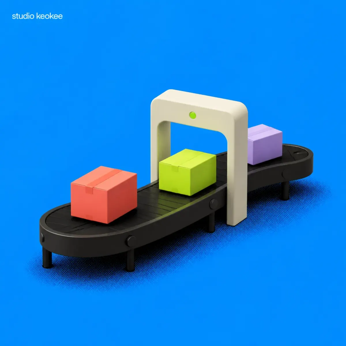 Coloured parcels moving along a conveyor through a scanner arch