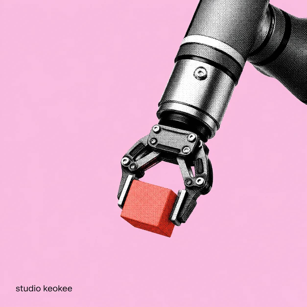 Halftone illustration of a robotic arm gripping a red block