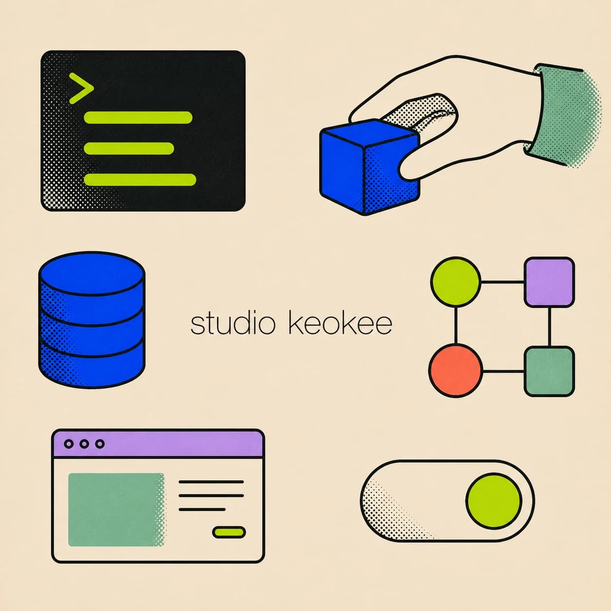 Flat illustration of a terminal, database, node graph, browser window and toggle